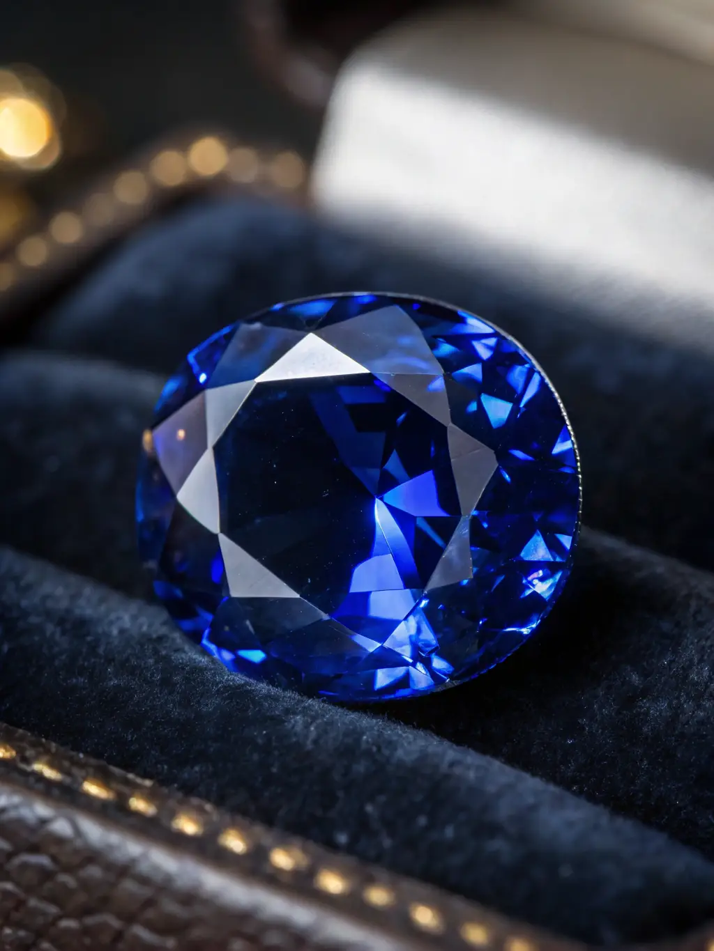A detailed photograph of a deep blue diamond, highlighting its exceptional depth of color and flawless cut, displayed on a luxurious velvet surface.